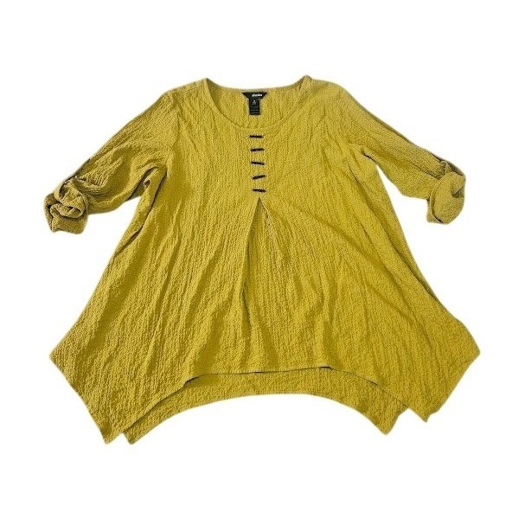 Ali Miles Tunic Top Women 1X Mustard Yellow Crinkle Artsy Roll Tab Sleeves